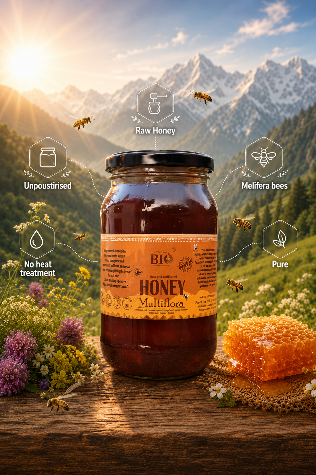 Raw & Unfiltered Multiflora Honey| Natural and Unpasteurized | 500 gm